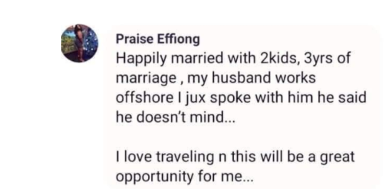 Shock as married woman with 2 kids sends in application to travel with Francis Van-Lare after condemning married women for it
