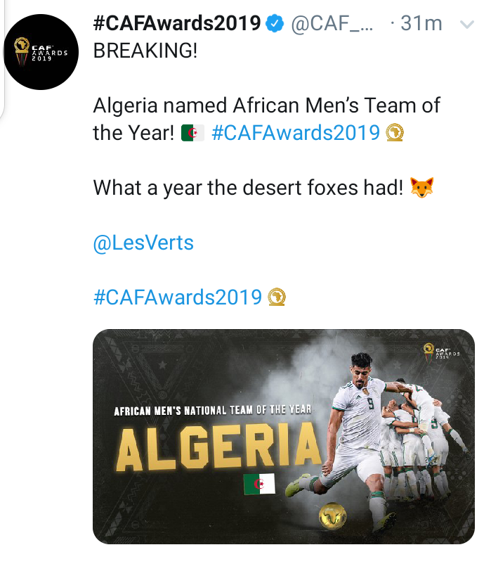 #CAFawards: Algeria wins Best Men's national team of the year