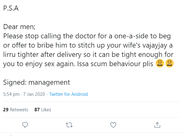Nigerian doctor reveals that men are secretly bribing doctors to tighten their wives’ vaginas after childbirth for selfish reasons