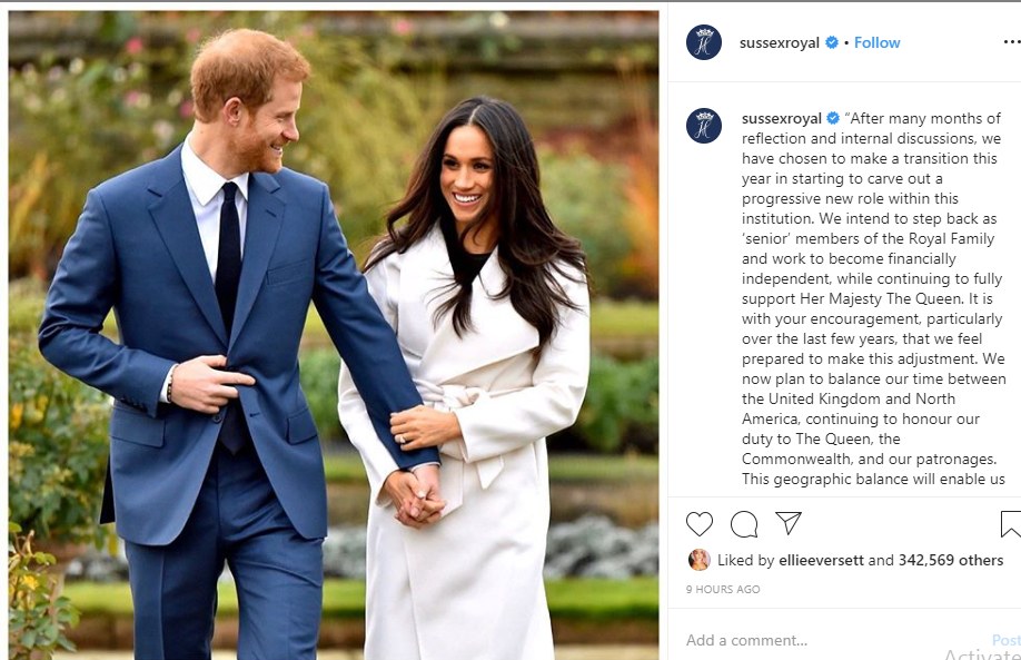 Prince Harry and Meghan Markle announce they are leaving their roles as senior members of the Royal Family 