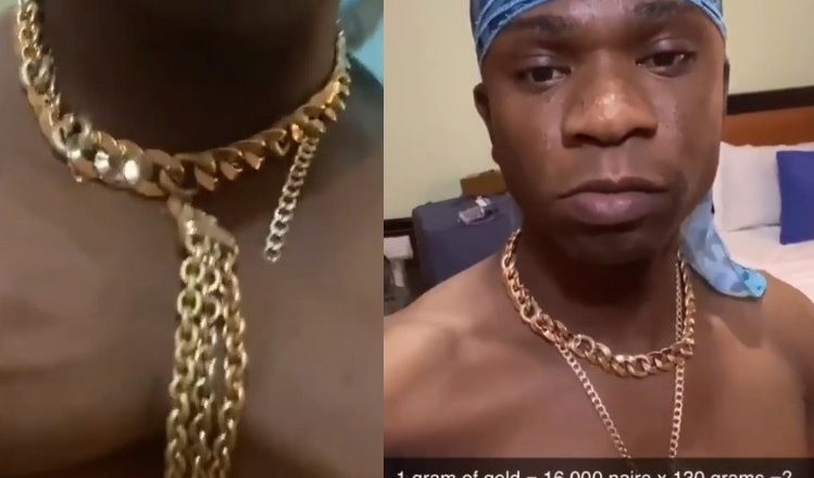 Speed Darlington shows off ''N2million'' gold chains he bought inside Yaba market in Lagos (video)