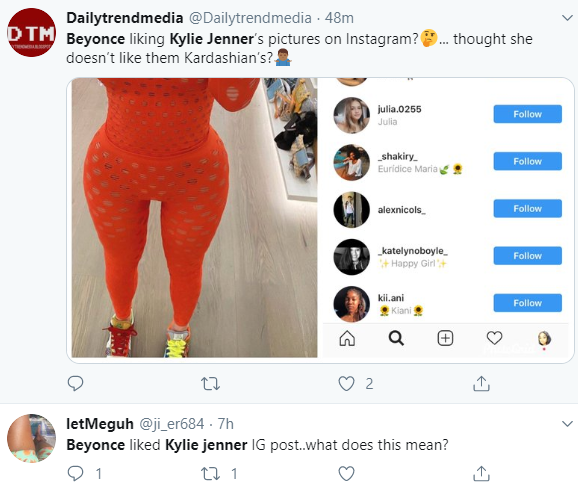 Beyonce liked Kylie Jenner's latest photo