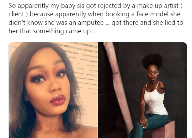 Nigerian lady narrates how her sister who is a face model was rejected by a MUA for being an amputee
