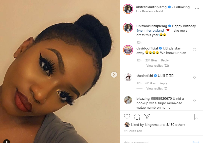 Ubi please stay away, we know your plan - Davido jokingly tells Ubi Franklin as he wishes Chioma's sister a happy birthday
