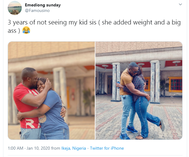 Nigerians react to photo showing a man hugging his sister after reuniting with her after 3 years 