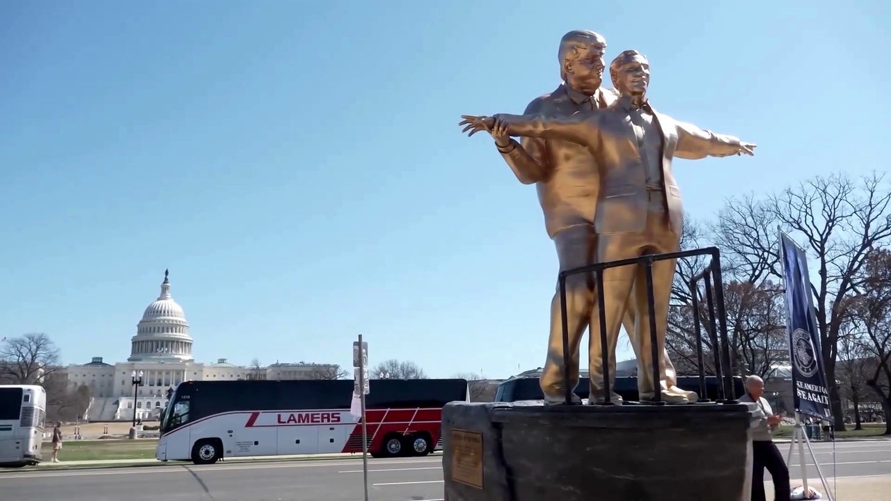 They install a satirical sculpture of Trump and Epstein recreating an iconic scene from 'Titanic'